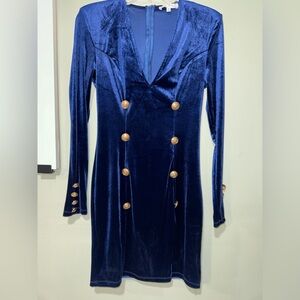 HYFVE Royal Blue Velvet Dress with Gold Buttons